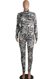 Black Sexy Two Piece Suits Patchwork Striped pencil Long Sleeve Two-piece Pants Set