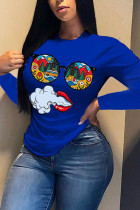 Blue Casual Character O Neck Tops