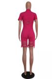 rose red Casual Fashion Solid Pocket Asymmetrical Button Short Sleeve Turndown Collar 