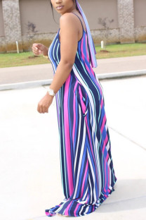 Dark Blue Fashion Street White Blue Orange Yellow Light Blue Dark Blue Spaghetti Strap Sleeveless Slip Swagger Floor-Length Striped Print Dresses