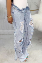 Baby Blue Sexy Solid Ripped High Waist Denim