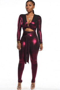 Maroon street Solid Patchwork Chemical fiber blend Long Sleeve V Neck 
