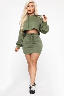 Green Fashion adult Sexy Two Piece Suits Bandage Solid Hip skirt Long Sleeve