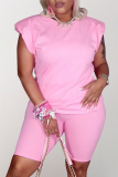 Pink Casual Solid Patchwork O Neck Short Sleeve Two Pieces