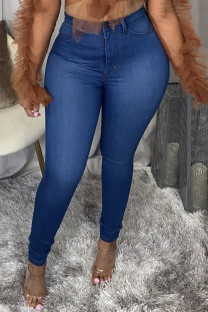 Dark Blue Fashion Casual Solid Ripped High Waist Skinny Jeans