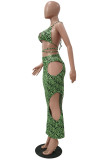 Green Fashion Sexy Print Hollowed Out Backless Swimwears Three-piece Set