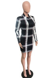 Black England Long Sleeves O neck Step Skirt Mini Print Plaid Dresses