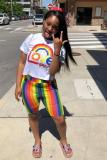 White Casual Fashion adult Rainbow Print pencil Short Sleeve Two-Piece Short Set