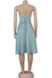 Blue Sexy Spaghetti Strap Sleeveless V Neck Swagger Knee-Length Polka Dot Dresses