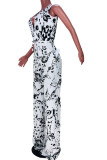Black White Sexy Print Bandage Patchwork V Neck Loose Jumpsuits