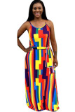 Navy Blue Casual Off The Shoulder Sleeveless Slip Swagger Floor-Length Print Patchwork