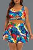 Colour Sexy Print Hollowed Out Patchwork Frenulum V Neck A Line Plus Size Swimwear