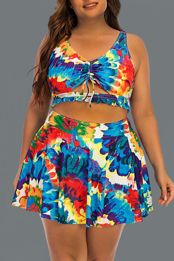 Colour Sexy Print Hollowed Out Patchwork Frenulum V Neck A Line Plus Size Swimwear
