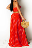 Red Fashion Sexy Dot Print Backless Slit Strapless Sleeveless Two Pieces