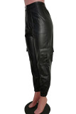 Black PU Zipper Fly Mid Zippered Solid Straight Pants Pants