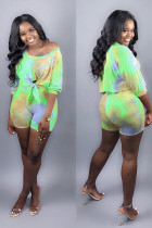 Green Casual Fashion Two Piece Suits asymmetrical Tie Dye crop top Regular