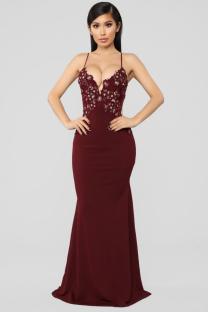 Wine Red Sexy Fashion Spaghetti Strap Sleeveless Slip A-Line Floor-Length Patchwork Mesh lace persp