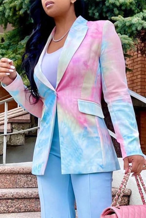 Colour Fashion Casual Print Tie Dye Patchwork Turndown Collar Outerwear