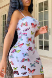 White Sexy Spaghetti Strap Sleeveless Slip Step Skirt Mini Print Patchwork backless Dresses
