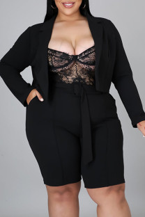 Black Casual Solid Patchwork Turn-back Collar Plus Size Two Pieces