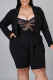 Black Casual Solid Patchwork Turn-back Collar Plus Size Two Pieces
