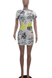 White Street Print Patchwork O Neck Short Sleeve Dress Dresses