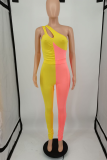 Pink Sexy Solid Patchwork One Shoulder Skinny Jumpsuits