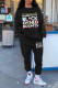 Black Fashion Casual Letter Print Basic O Neck Long Sleeve Two Pieces