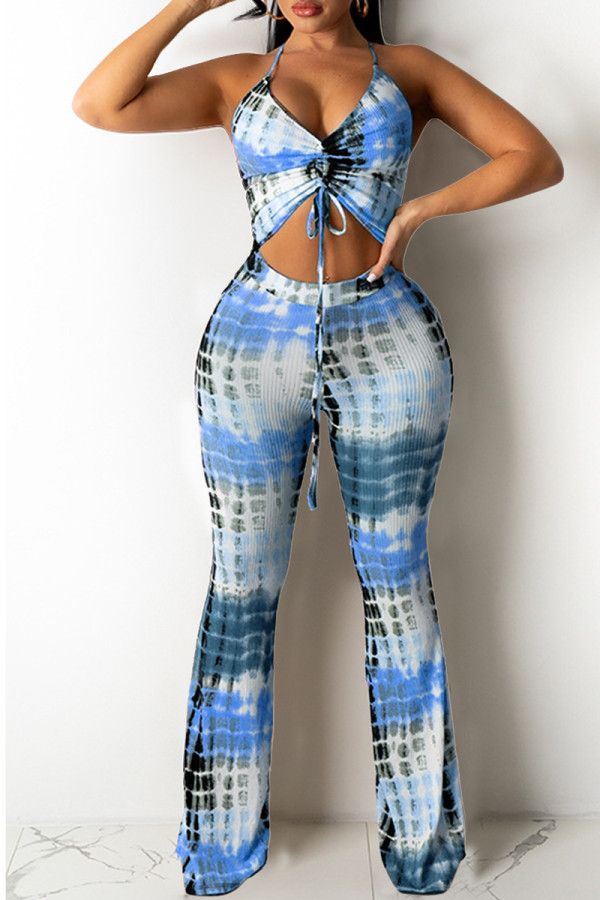 Blue Fashion Casual Print Backless V Neck Sleeveless Two Pieces