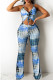 Blue Fashion Casual Print Backless V Neck Sleeveless Two Pieces