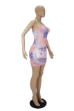 Blue Sexy Print Patchwork Strapless Pencil Skirt Dresses