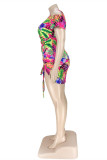 Rose Red Fashion Casual Plus Size Print Hollowed Out V Neck Short Sleeve Dress