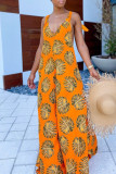 Beige Casual Print Bandage V Neck Sleeveless Loose Jumpsuits