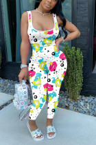 White Fashion Casual Print Sleeveless Slip Jumpsuits