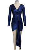Blue Sexy Fashion Cap Sleeve Long Sleeves V Neck Asymmetrical Mini Solid Patchwork asymmetrical