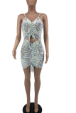 Blue Sexy Animal Print Hollowed Out Draw String Spaghetti Strap Pencil Skirt Dresses