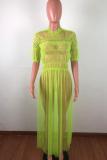 Green Casual Fashion Cap Sleeve Half Sleeves O neck Straight Ankle-Length Solid asymmetrical Mes