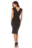 Black Fashion Sleeveless O neck Slim Dress Knee-Length diamonds split 