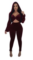 Wine Red Plain Stitching High Waist Elastic Waist Two-piece suit