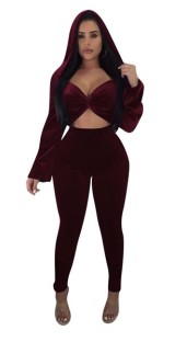 Wine Red Plain Stitching High Waist Elastic Waist Two-piece suit