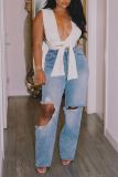 Blue Casual Solid Ripped Loose Denim Jeans