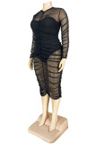 Black Solid Fold O Neck Long Sleeve Dress Plus Size 