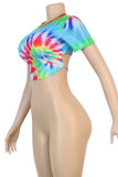 Camouflage Multi-color Camouflage O Neck Short Sleeve Patchwork Print Slim fit backless Camouflage Tie Dye Bandage crop top Tops