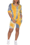 Dark Blue Fashion Sexy adult Patchwork Print Tie Dye Two Piece Suits Straight Short Sleeve Two Pieces