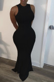 Black Lightly cooked Sleeveless O neck Swagger Floor-Length Solid Dresses