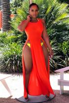 Red Sexy Fashion Cap Sleeve Sleeveless Boat Neck Asymmetrical Ankle-Length Solid split asymmet