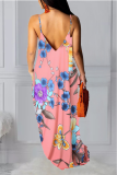 Pink Sexy Print Patchwork Spaghetti Strap Straight Dresses