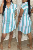 Deep Blue Fashion Casual Striped Print Basic Turndown Collar Shirt Dress