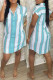 Sky Blue Fashion Casual Striped Print Basic Turndown Collar Shirt Dress