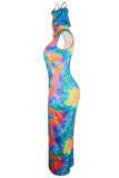 Blue Fashion Sexy adult Blue Orange Yellow purple Off The Shoulder Sleeveless Turtleneck Step Skirt Ankle-Length Print Patchwork Tie and dye Dresses